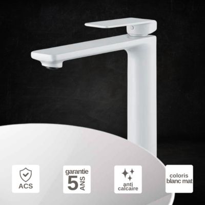 Robinet Mitigeur de Lavabo anti-calcaire Bec Haut Blanc Mat IMEX FIYI BDF016-3BL