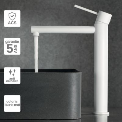 Robinet Mitigeur de Lavabo anti-calcaire Bec Haut Blanc Mat IMEX MILOS STICK BDYS045-3BL