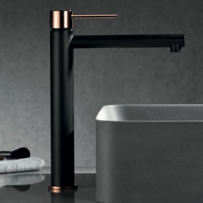 Robinet Mitigeur de Lavabo anti-calcaire Bec Haut Noir Mat et Or Rose IMEX MILOS STICK BDYS045-3NOR