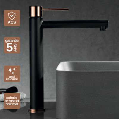 Robinet Mitigeur de Lavabo anti-calcaire Bec Haut Noir Mat et Or Rose IMEX MILOS STICK BDYS045-3NOR