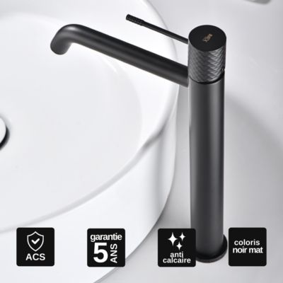 Robinet Mitigeur de Lavabo anti-calcaire Bec Haut Noir Mat IMEX GENOVA BDG053-3NG