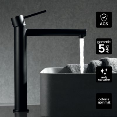 Robinet Mitigeur de Lavabo anti-calcaire Bec Haut Noir Mat IMEX MILOS STICK BDYS045-3NG