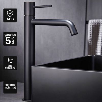 Robinet Mitigeur de Lavabo anti-calcaire Bec Haut Noir Mat IMEX MONZA BDM039-3NG