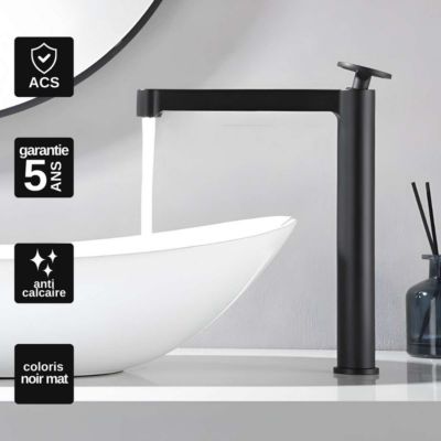 Robinet Mitigeur de Lavabo anti-calcaire Bec Haut Noir Mat IMEX OLIMPO BDC033-3NG