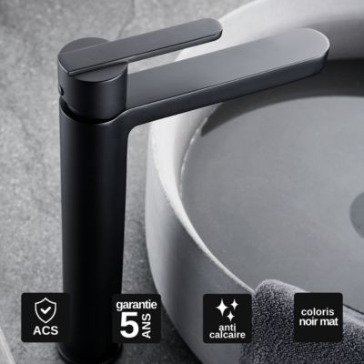 Robinet Mitigeur de Lavabo anti-calcaire Bec Haut Noir Mat IMEX ROMA BDR001-3NG