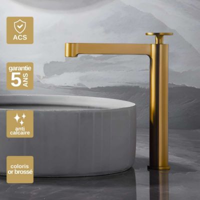 Robinet Mitigeur de Lavabo anti-calcaire Bec Haut Or Brossé IMEX OLIMPO BDC033-3OC