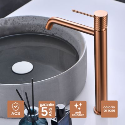 Robinet Mitigeur de Lavabo anti-calcaire Bec Haut Or Rose IMEX GENOVA BDG053-3ORC