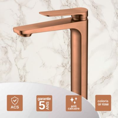 Robinet Mitigeur de Lavabo anti-calcaire Bec Haut Or Rose IMEX NAPOLES BDN047-3ORC