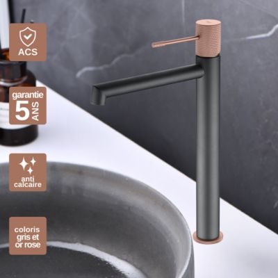 Robinet Mitigeur de Lavabo anti-calcaire Haut Gris et Champagne IMEX LINE BDD038-3GC