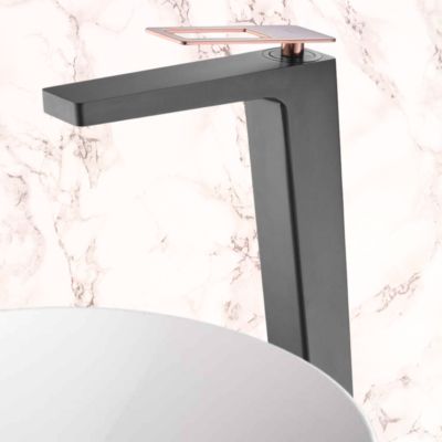 Robinet Mitigeur de Lavabo anti-calcaire Haut Noir Mat et Or Rose IMEX SUECIA BDC032-3NOR