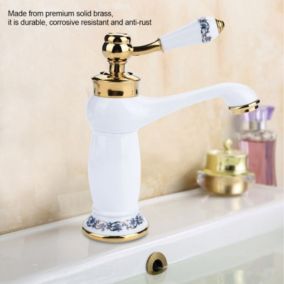 Robinet mitigeur à poignée unique à motif floral, robinet d'eau froide/chaude pour lavabo de salle de bain (blanc)