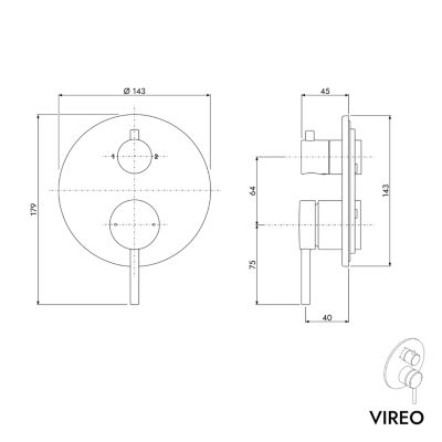 Robinet Mitigeur rond mural encastré Baignoire Laiton Chrome, cartouche céramique - 14x18x4,5cm (LxHxP) - VIREO
