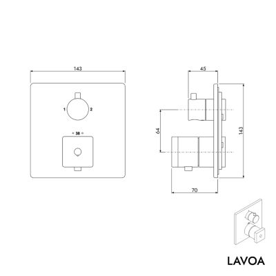 Robinet mitigeur thermostatique de douche mural encastré Laiton Chrome, 2 sorties, Fonction anti-brûlure, 14x14x7cm (LxHxP), LAVOA