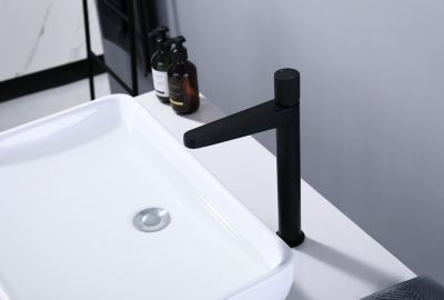 Robinet pour lavabo vasque et évier design en laiton peu bruyant et avec aérateur économie d'eau, H. 31cm, Noir mat