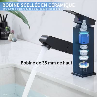 Robinet Salle Bain Noir avec Douchette Extractible,Mitigeur Lavabo pour Vasque à Poser/Lave Mains,Chaude/Froide Réglable