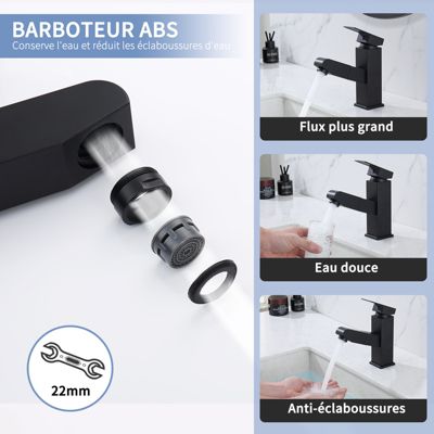 Robinet Salle Bain Noir avec Douchette Extractible,Mitigeur Lavabo pour Vasque à Poser/Lave Mains,Chaude/Froide Réglable