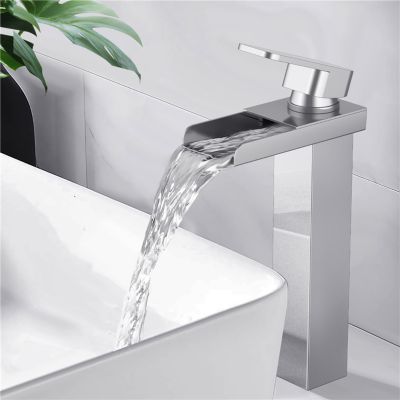 Robinet Salle de Bain Cascade Haut Mitigeur pour Vasque Chromé Robinet Design Moderne Corps en Acier Inox