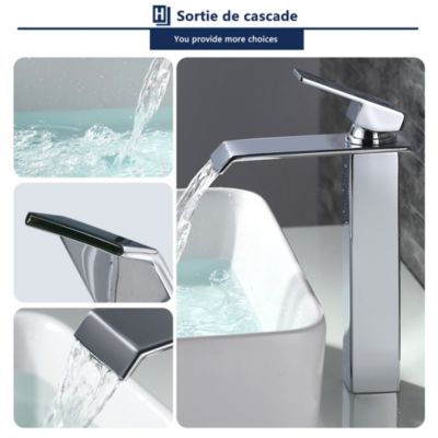 Robinet Salle de Bain Cascade Mitigeur de Lavabo Haut Robinetterie pour Vasque Chromé Design Moderne