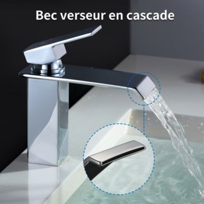 Robinet Salle de Bain Cascade Robinet de Lavabo en Laiton Mitigeur de Salle de Bain Chromé Forme Carré