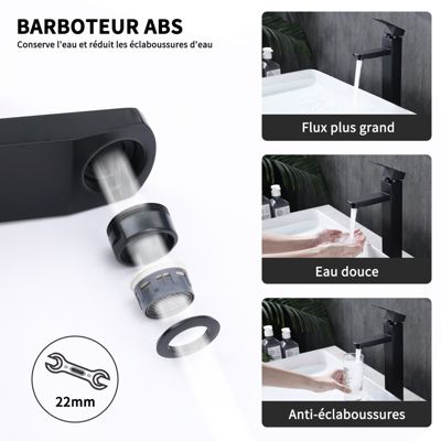 Robinet Salle de Bain Haut Mitigeur Salle Bain pour Vasque Robinet de Lavabo avec Poignée Carré Design Moderne Noir