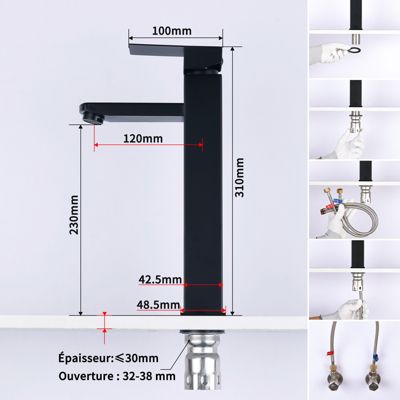 Robinet Salle de Bain Haut Mitigeur Salle Bain pour Vasque Robinet de Lavabo avec Poignée Carré Design Moderne Noir