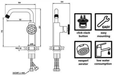 Robinet Salle De Bain Mitigeur Lavabo Noir Industriel Muro Bec Pivotant