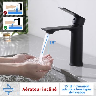 Robinet Salle de Bain Mitigeur Lavabo Noir Mono-trou Robinetterie Lave-mains pour Salle de Bain en Acier Inox Design Elégant