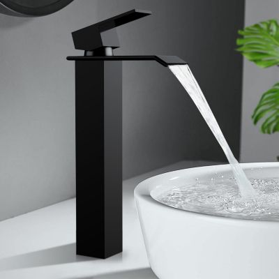 Robinet Salle de Bain Noir Cascade Grand Mitigeur Lavabo en Laiton Robinetterie Lave-mains pour Vaque Salle de Bain Design Moderne