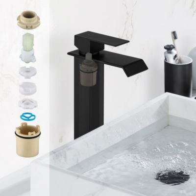 Robinet Salle de Bain Noir Cascade Grand Mitigeur Lavabo en Laiton Robinetterie Lave-mains pour Vaque Salle de Bain Design Moderne