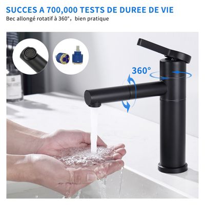 Robinet Salle de Bain Noir Mitigeur Lavabo Haut Bec Mitigeur pour Vasque Robinetterie de Lavabo en Acier Inox