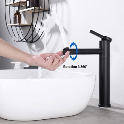 Robinet Salle de Bain Noir Mitigeur pour Vasque Haut Bec Pivotant  Robinetterie de Lavabo en Acier Inox Design Moderne