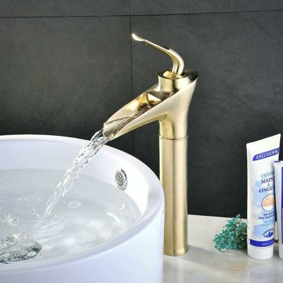 Robinet Salle de Bain Or Brossé Cascade Haut Robinets de Lavabo en Laiton Massif Antique Rétro Mitigeur évier Lavabo Chaude