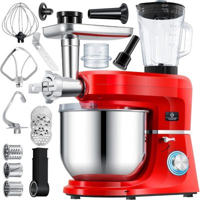 Robot ménager universel 3 en 1 avec hachoir à viande pétrin Mélangeur multifonction Extracteur jus 1.5 L Kit saucisses rouge