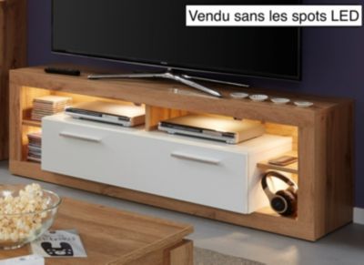 ROCK - Meuble salon/séjour. Meuble TV en mélaminé blanc brillant et bois. L-H-P : 150 - 48 - 44 cm
