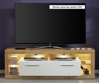ROCK - Meuble salon/séjour. Meuble TV en mélaminé blanc brillant et bois. L-H-P : 150 - 48 - 44 cm