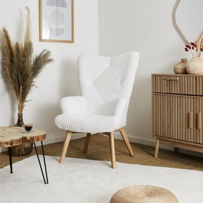 ROHAN - Fauteuil Imitation Laine Motif Patchwork Blanc
