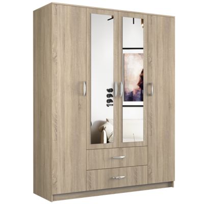 ROMA - Grande Armoire chambre bureau 205x160x52 cm - Penderie - 2 portes - 2 Miroirs - 2 tiroirs - Meuble de rangement