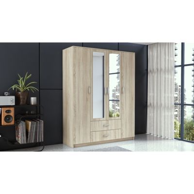 ROMA - Grande Armoire chambre bureau 205x160x52 cm - Penderie - 2 portes - 2 Miroirs - 2 tiroirs - Meuble de rangement