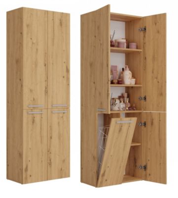 RORY - Armoire de salle de bain avec panier - Espace buanderie - 174x60x30 cm - CHÊNE ARTISAN