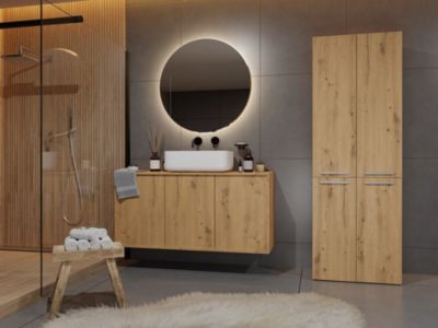 RORY - Armoire de salle de bain avec panier - Espace buanderie - 174x60x30 cm - CHÊNE ARTISAN