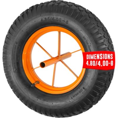 Roue de brouette gonflee 380 mm avec axe 20 mm, chambre a air, pneu caoutchouc, jante metal, noir et orange