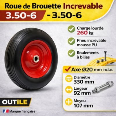 Roue de Brouette Increvable  3.50-6    260Kg + Axe  20mm