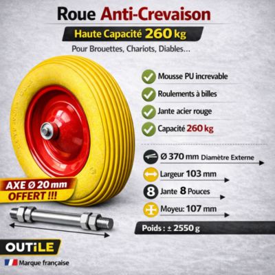 Roue de Brouette Increvable  3.50-8    260Kg + Axe  20mm