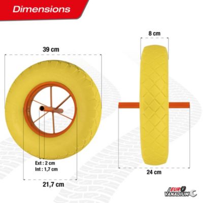 Roue de brouette increvable 390 mm ext - Axe 20 mm - caoutchouc, metal