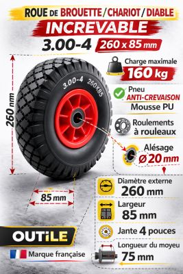 Roue de Chariot  Diable Increvable  3.00-4  260x85  160Kg  alésage 20mm