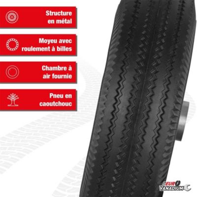 Roue gonflable pour diable 260 mm pneu 4.10 x 3.50 4 axe deporte alesage 16 mm charge 130 kg structure acier galvanise
