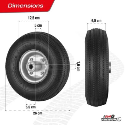 Roue gonflable pour diable 260 mm pneu 4.10 x 3.50 4 axe deporte alesage 16 mm charge 130 kg structure acier galvanise
