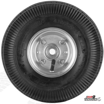 Roue gonflable pour diable 260 mm pneu 4.10 x 3.50 4 axe deporte alesage 16 mm charge 130 kg structure acier galvanise