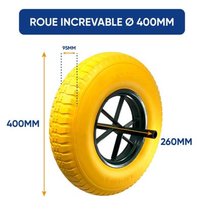 Roue Increvable Jaune, Diamètre 400mm, Axe 20mm, Charge max. 250KG (550 lbs), Ultra Résistante, Idéal pour Brouette