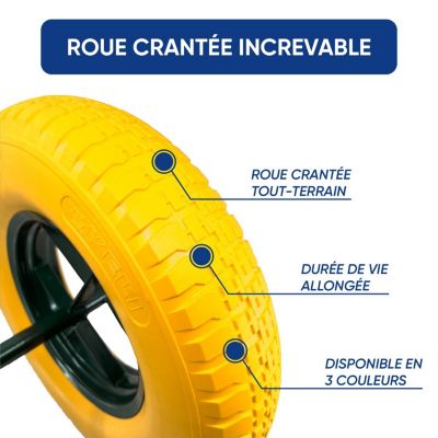 Roue Increvable Jaune, Diamètre 400mm, Axe 20mm, Charge max. 250KG (550 lbs), Ultra Résistante, Idéal pour Brouette
